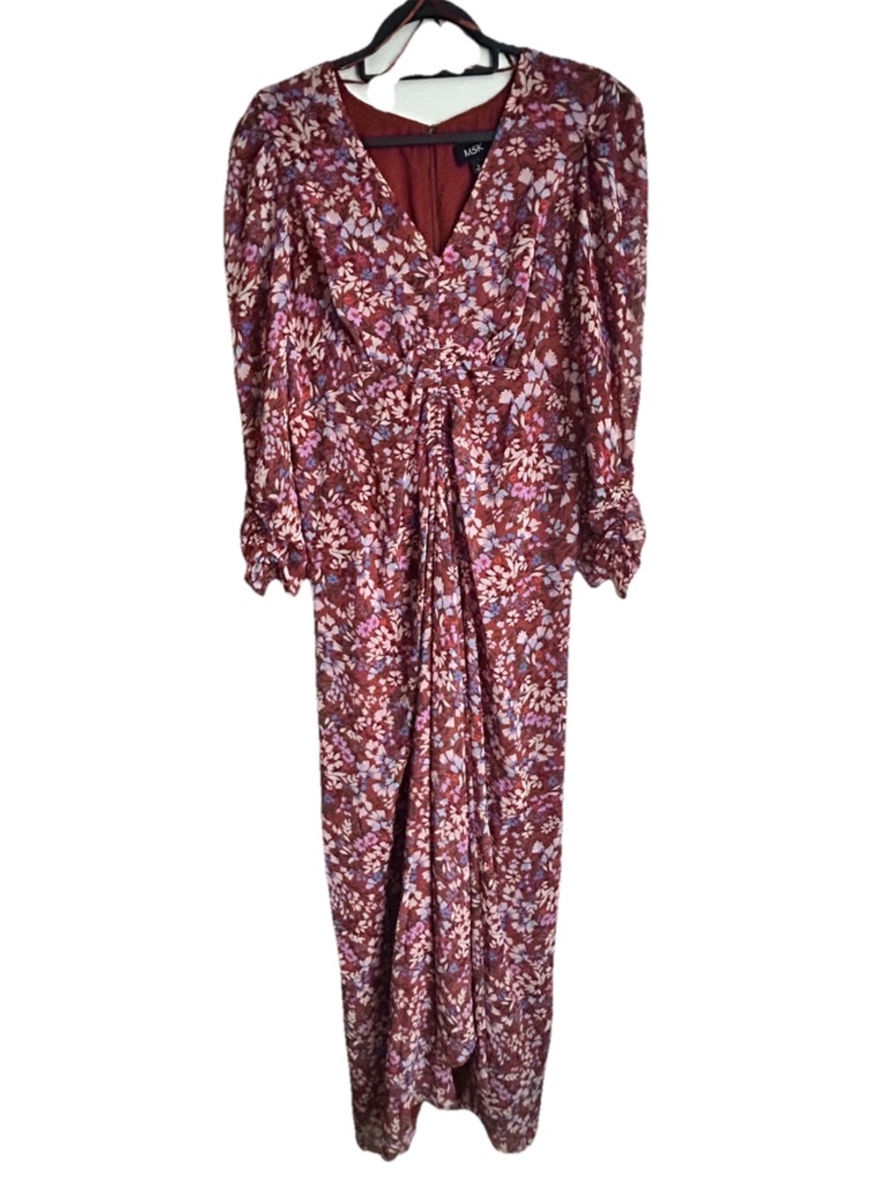 MSK Floral Ruched High-Low Long Sleeve Maxi Dress - Rust Pink